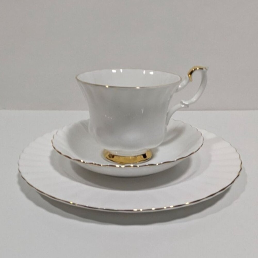 Royal Albert Val Dor Bone China White Tea Cup & Saucer Trio Set Gold Trim